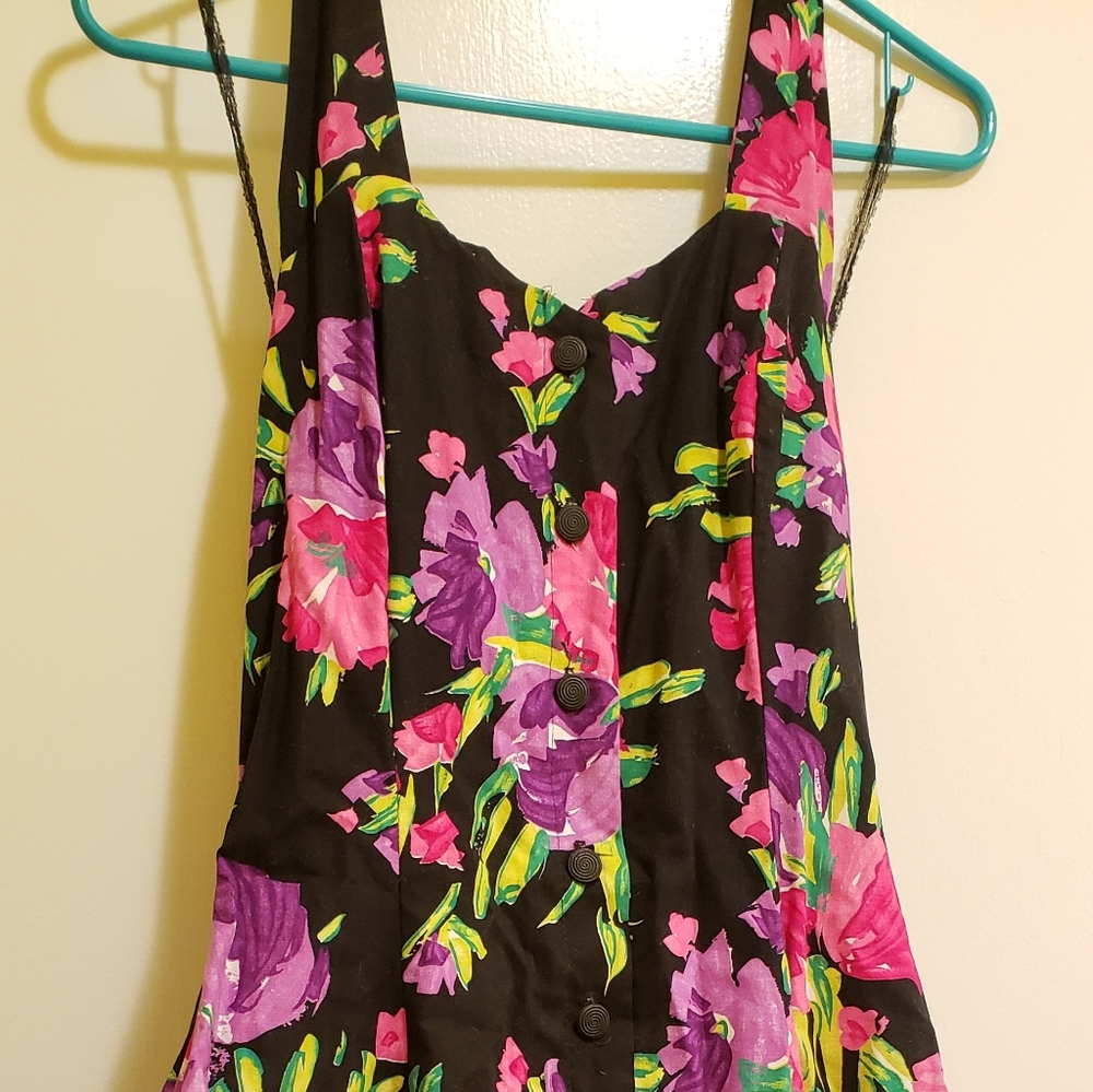 Vintage black flower A-line halter dress